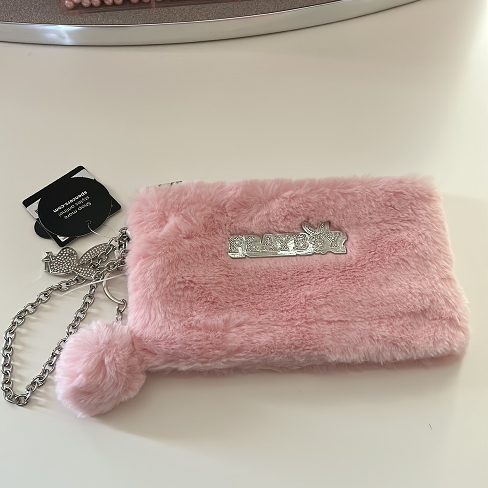 Pink faux fur Playboy wristlet